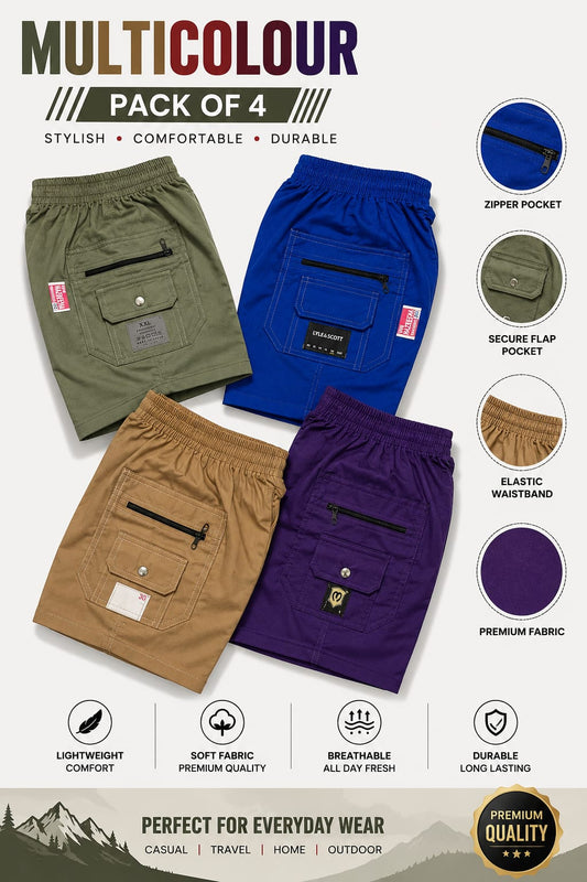 Casual Cotton Cargo Shorts with Zipper & Flap Pockets (Pack of 4)