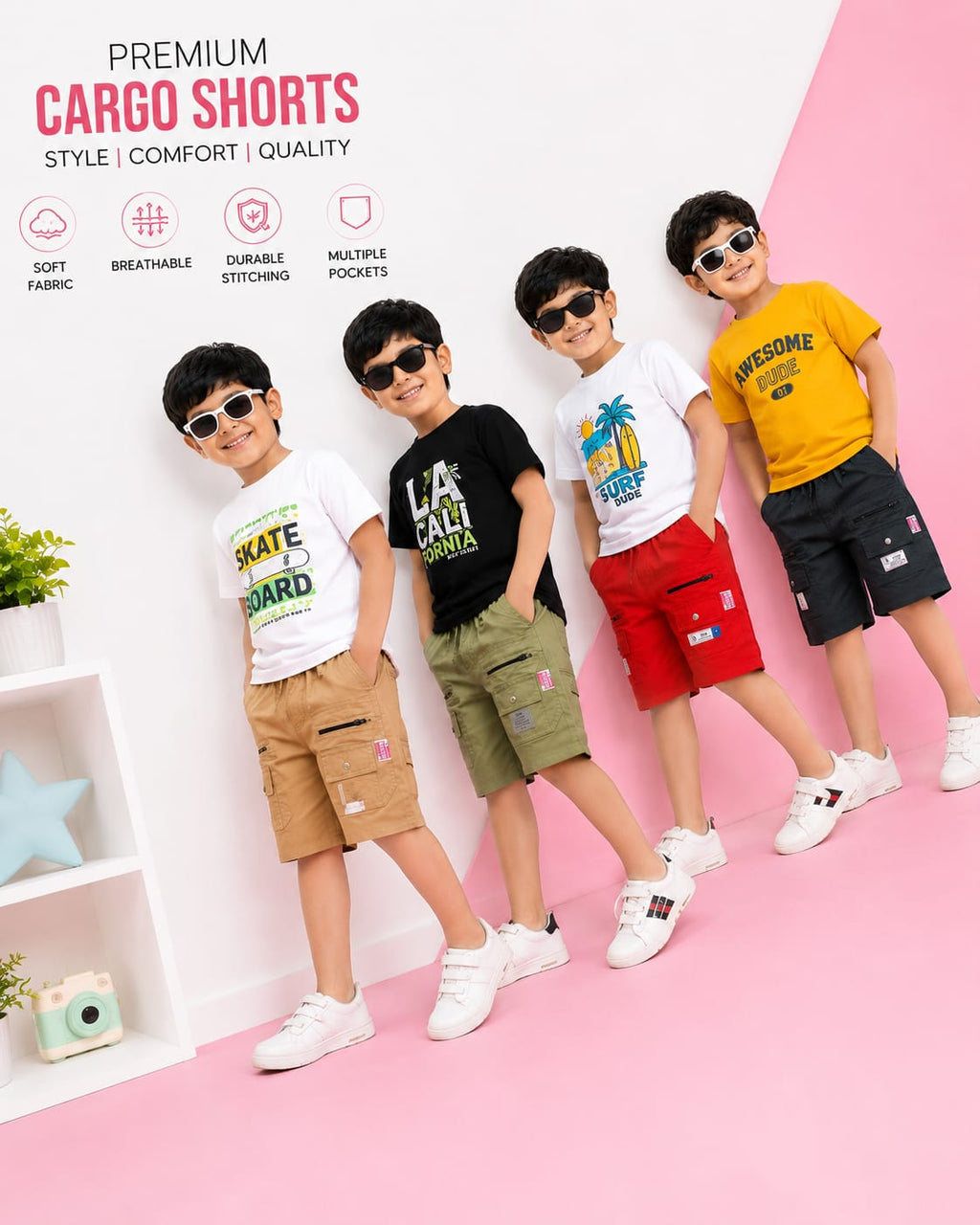 Casual Cotton Cargo Shorts with Zipper & Flap Pockets (Pack of 4)