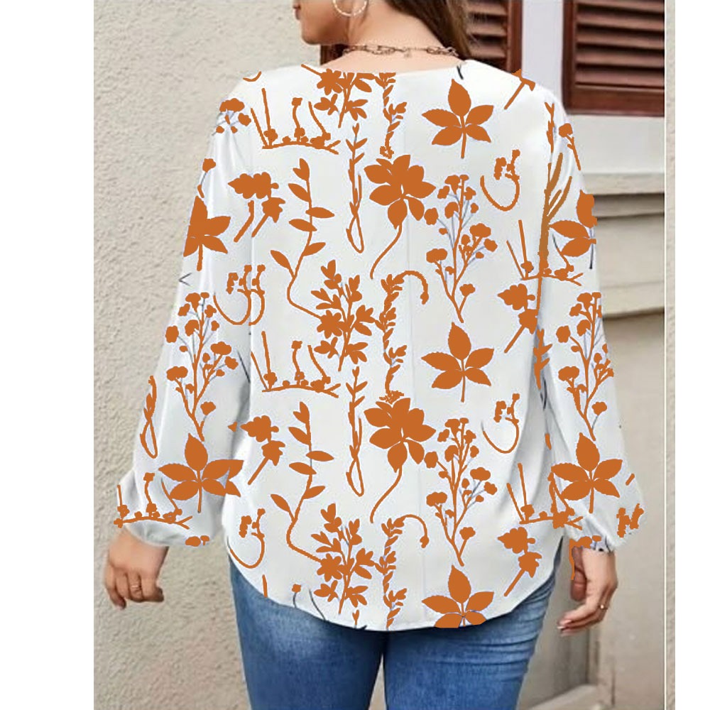 Botanical Leaf Print V-Neck Long Sleeve Tunic Top