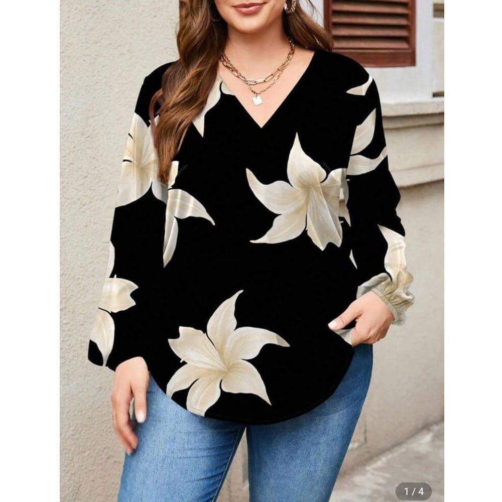Women’s Casual V-Neck Floral Long Sleeve Tunic Top