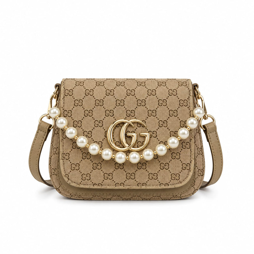 Pearl Charm Patterned Crossbody Sling Bag with Golden Monogram Logo