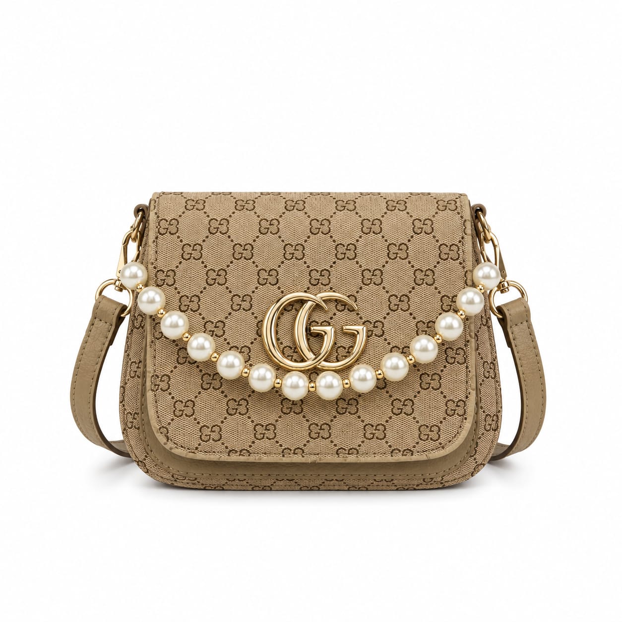Pearl Charm Patterned Crossbody Sling Bag with Golden Monogram Logo
