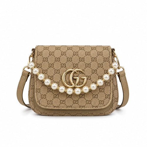 Pearl Charm Patterned Crossbody Sling Bag with Golden Monogram Logo