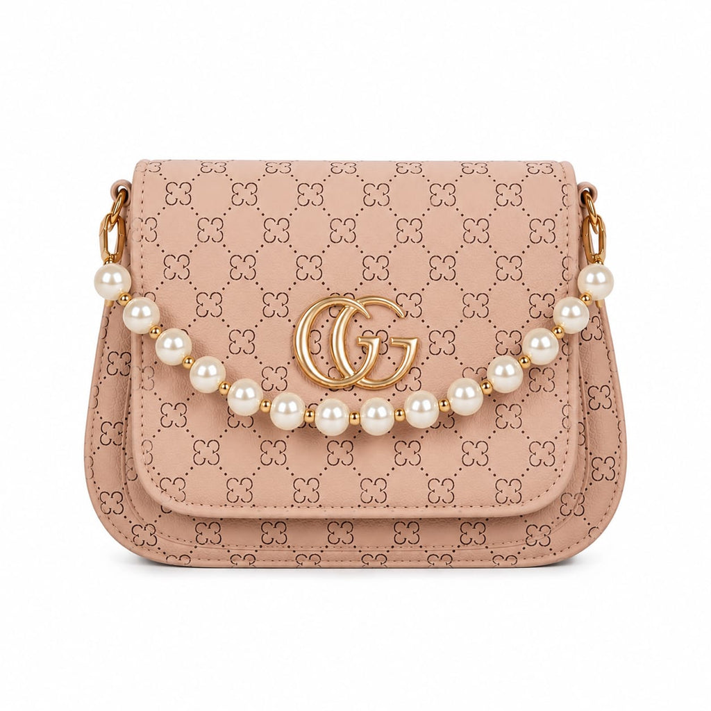 Pearl Charm Patterned Crossbody Sling Bag with Golden Monogram Logo