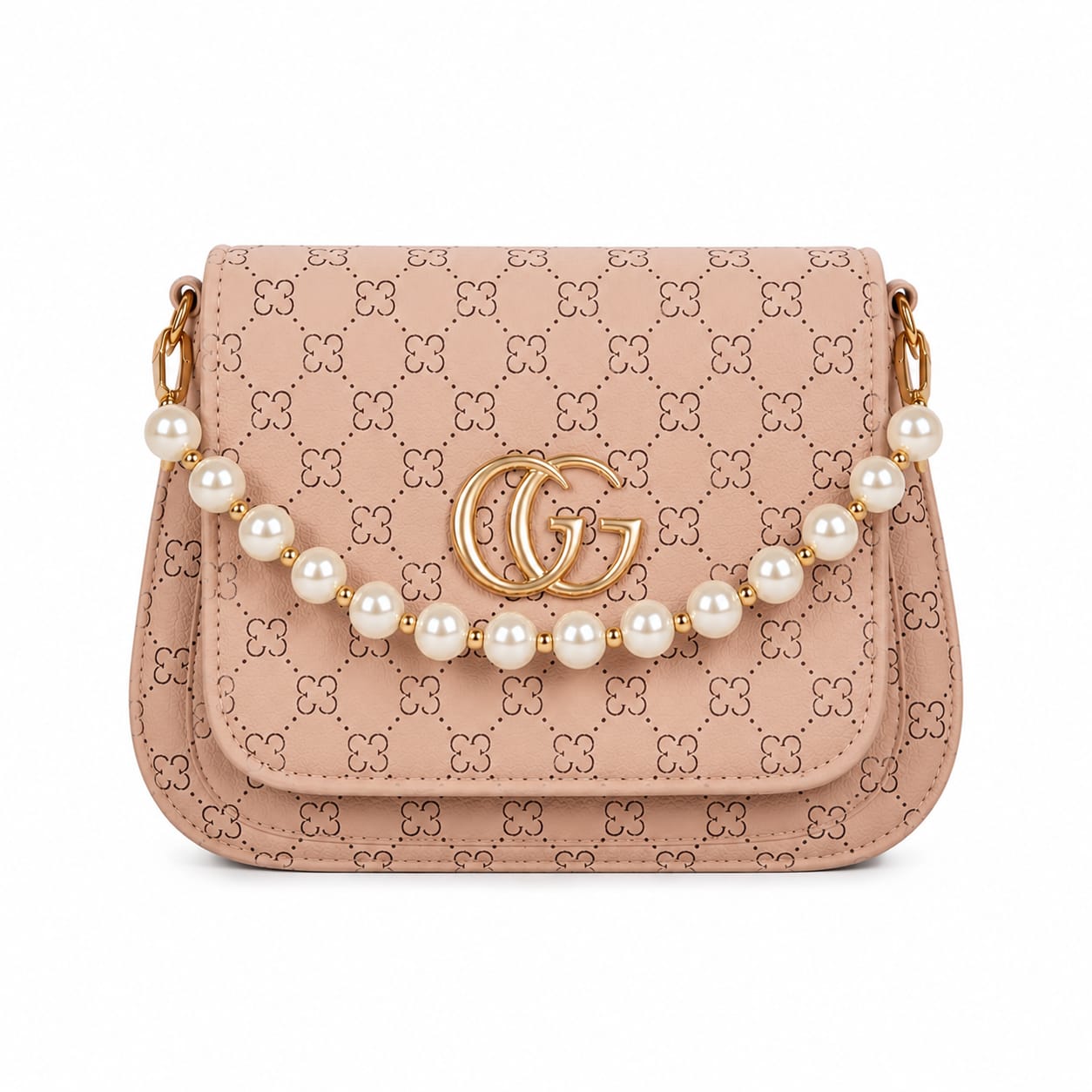 Pearl Charm Patterned Crossbody Sling Bag with Golden Monogram Logo