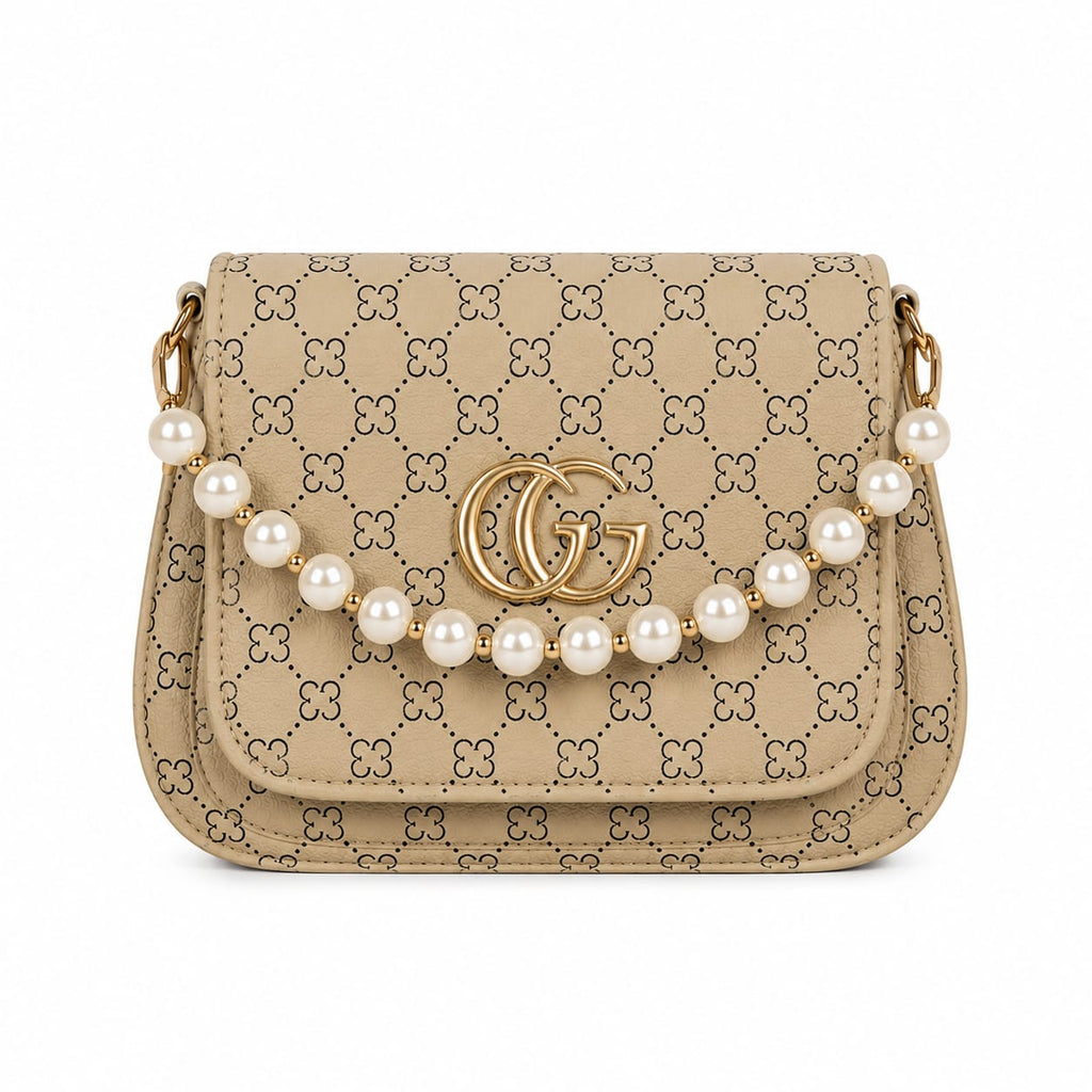 Pearl Charm Patterned Crossbody Sling Bag with Golden Monogram Logo