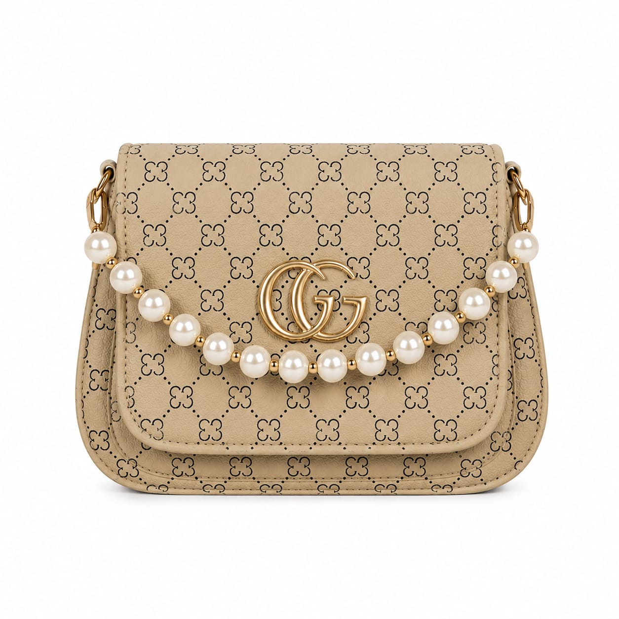 Pearl Charm Patterned Crossbody Sling Bag with Golden Monogram Logo