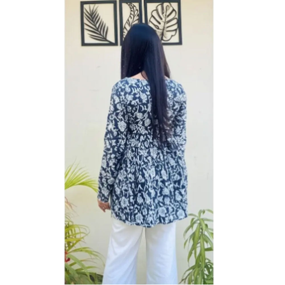 Ethnic Floral Printed Gathered V-Neck Short Kurti Top