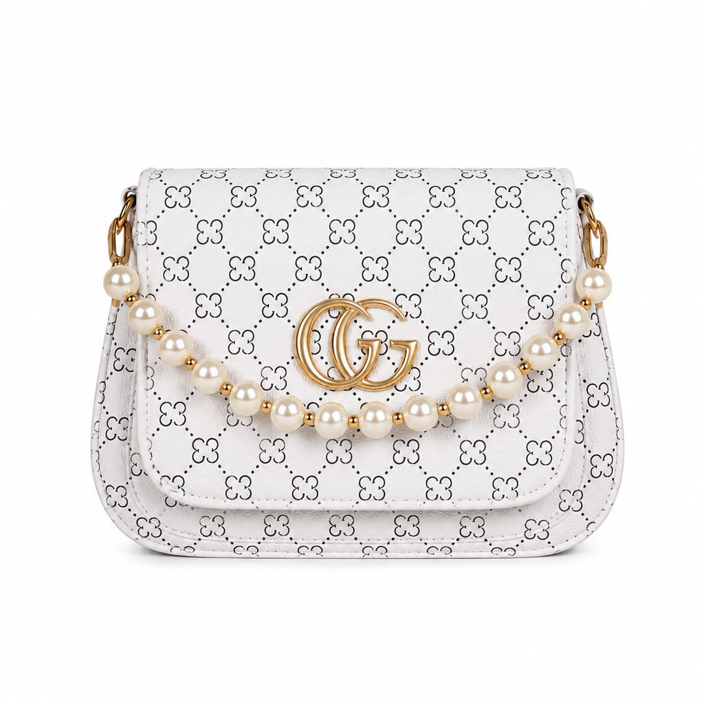 Pearl Charm Patterned Crossbody Sling Bag with Golden Monogram Logo