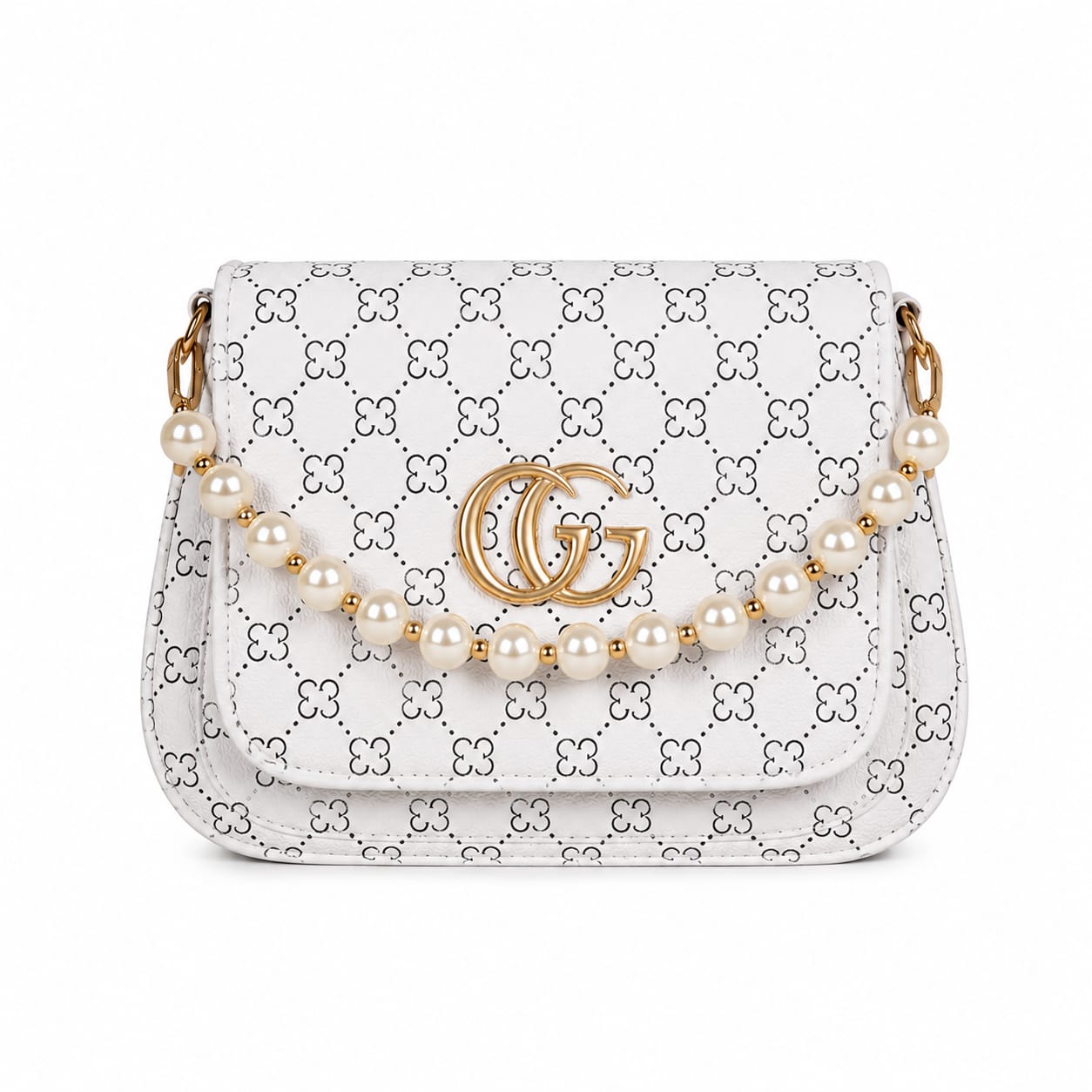 Pearl Charm Patterned Crossbody Sling Bag with Golden Monogram Logo