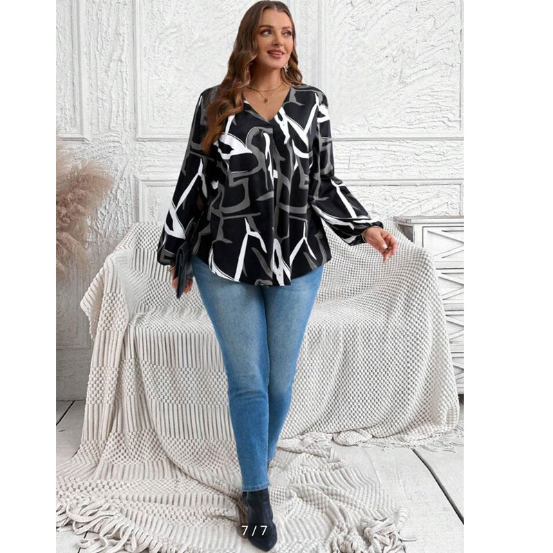 Abstract Graphic Print V-Neck Long Sleeve Tunic Top