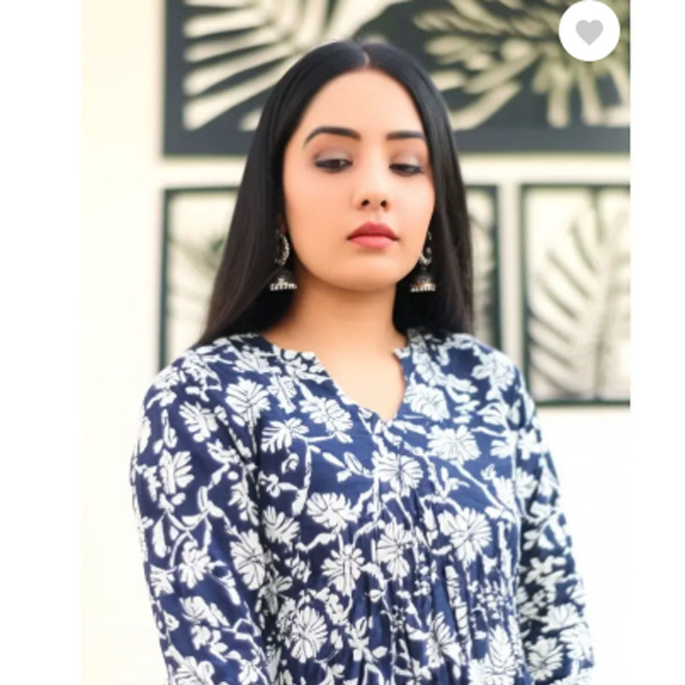Ethnic Floral Printed Gathered V-Neck Short Kurti Top