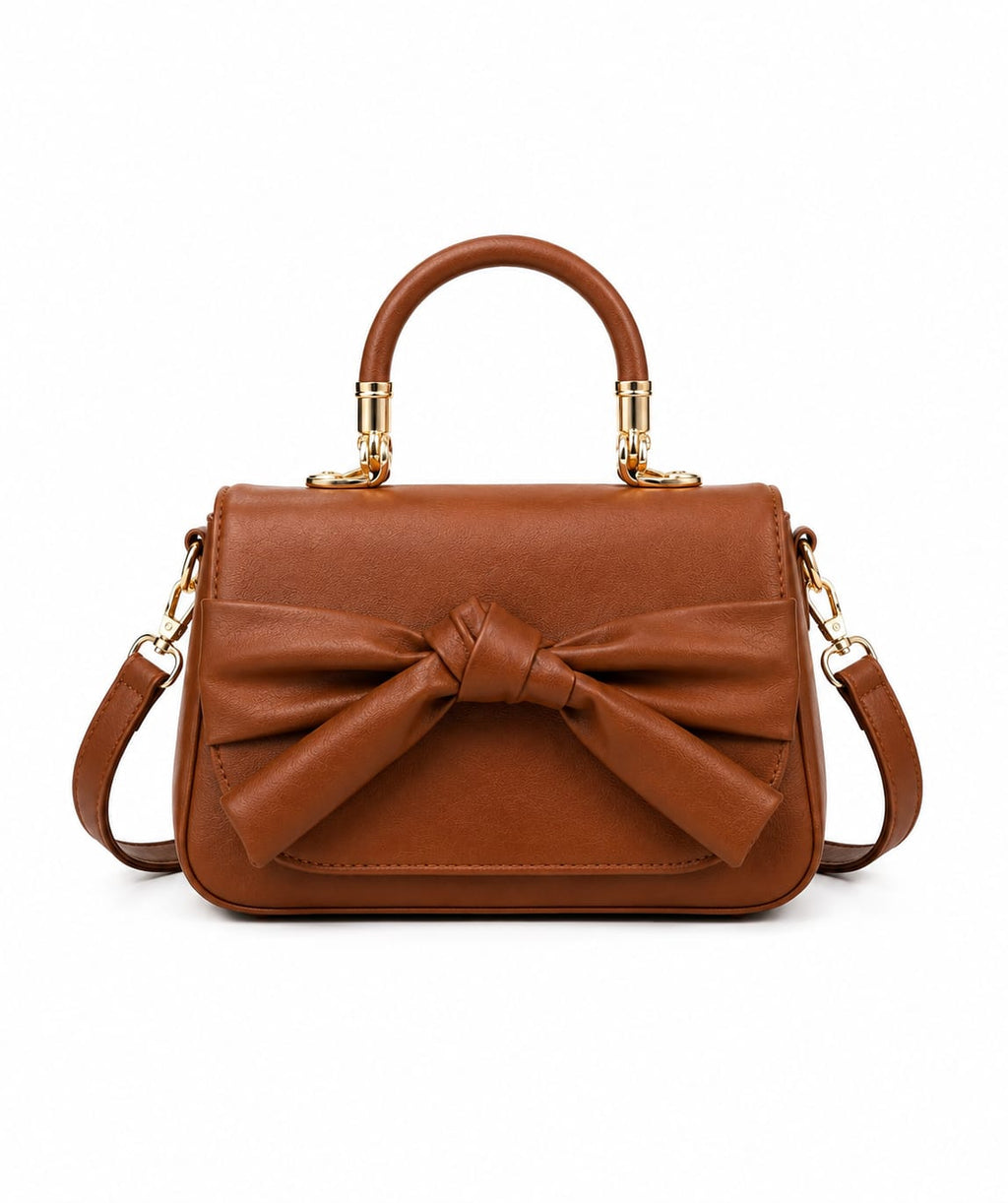 Luxe Leather Bow Accent Top-Handle Bag with Gold Hardware