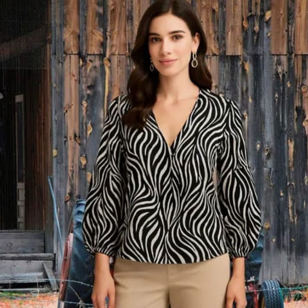 Modern Zebra Wave Print V-Neck Blouse Top