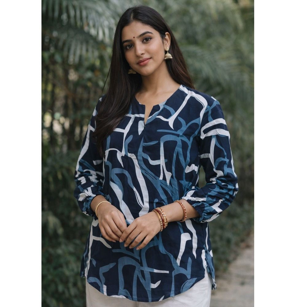 Abstract Graphic Print V-Neck Long Sleeve Tunic Top