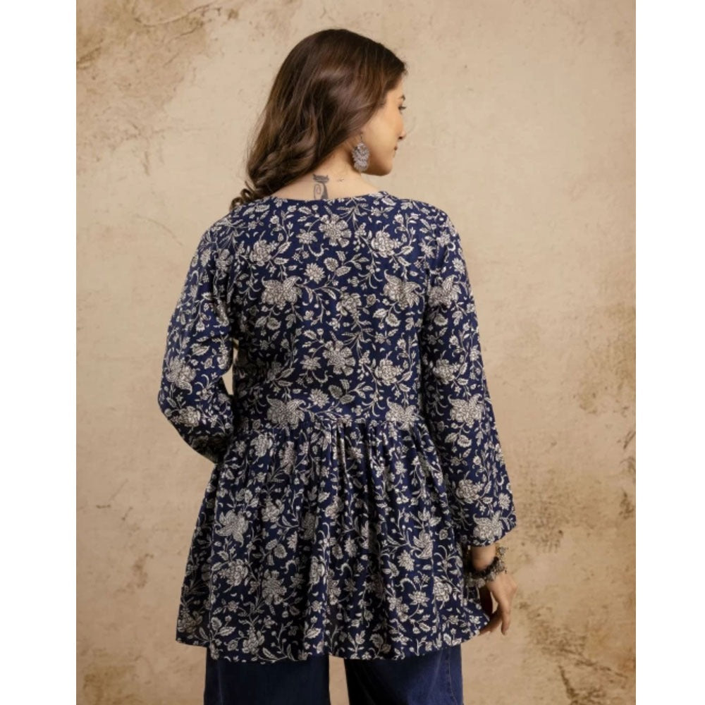 Ethnic Floral Printed Gathered V-Neck Short Kurti Top