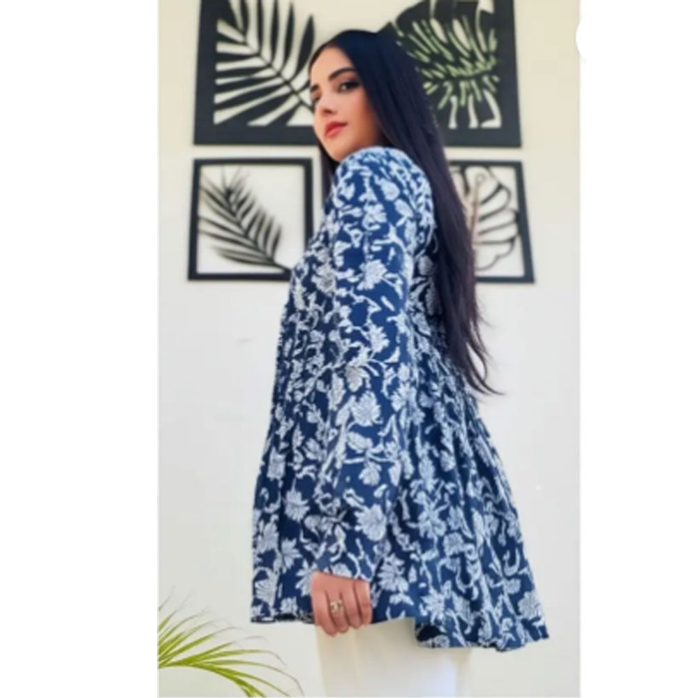 Ethnic Floral Printed Gathered V-Neck Short Kurti Top