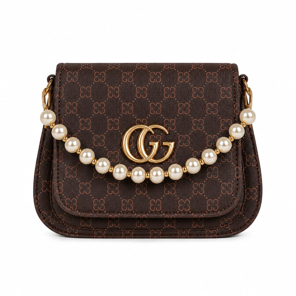 Pearl Charm Patterned Crossbody Sling Bag with Golden Monogram Logo