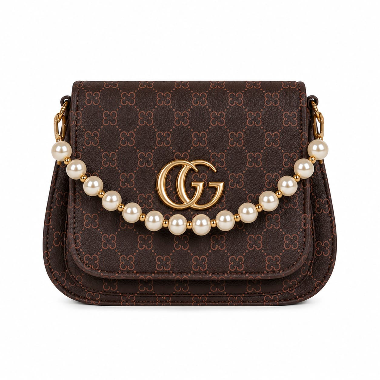 Pearl Charm Patterned Crossbody Sling Bag with Golden Monogram Logo
