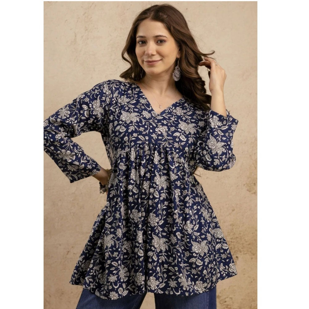 Ethnic Floral Printed Gathered V-Neck Short Kurti Top