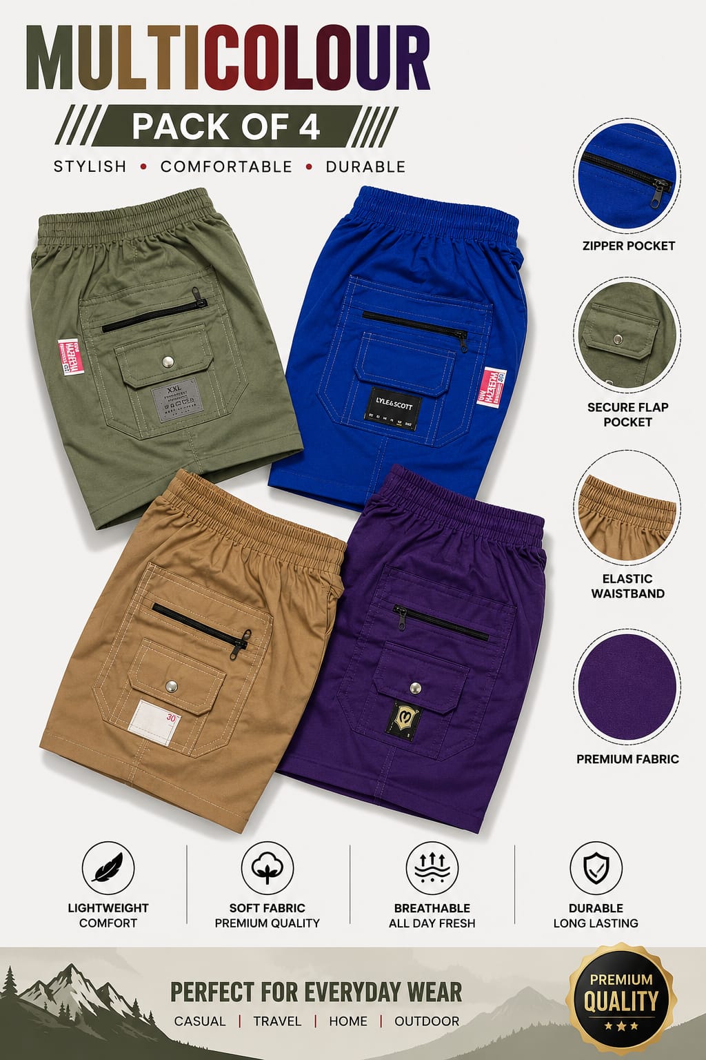 Casual Cotton Cargo Shorts with Zipper & Flap Pockets (Pack of 4)