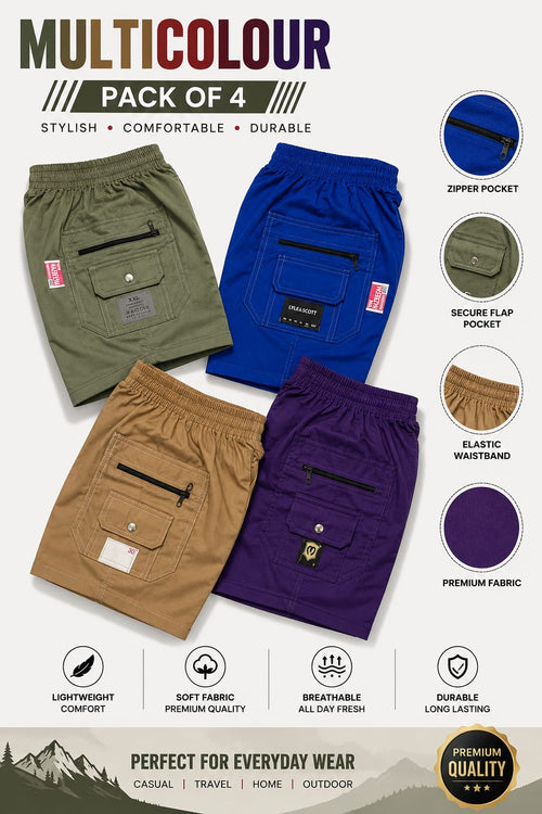 Casual Cotton Cargo Shorts with Zipper & Flap Pockets (Pack of 4)