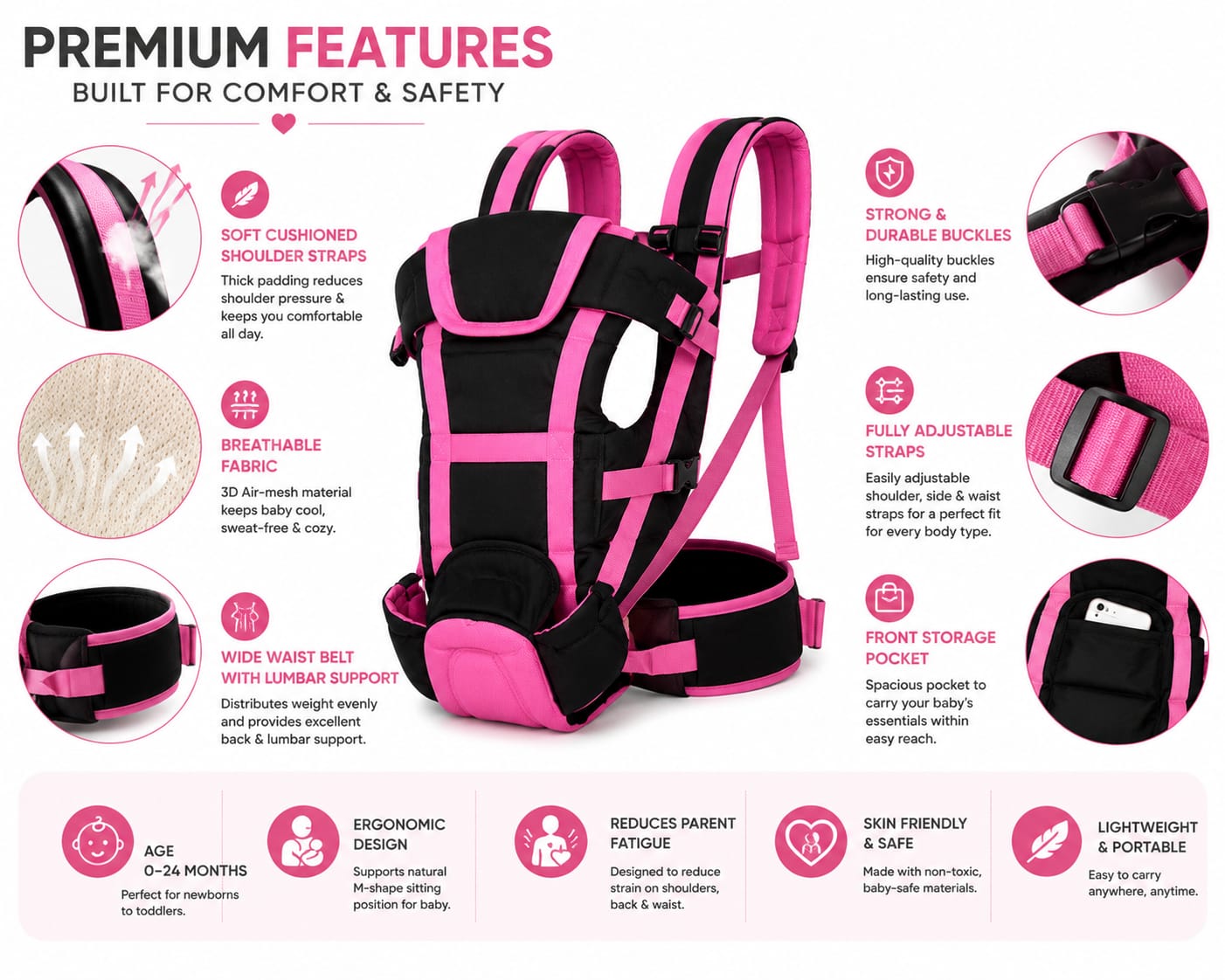 Premium ergonomic baby carrier