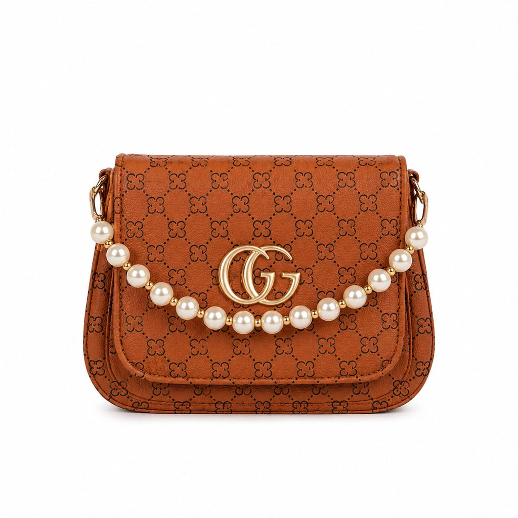 Pearl Charm Patterned Crossbody Sling Bag with Golden Monogram Logo