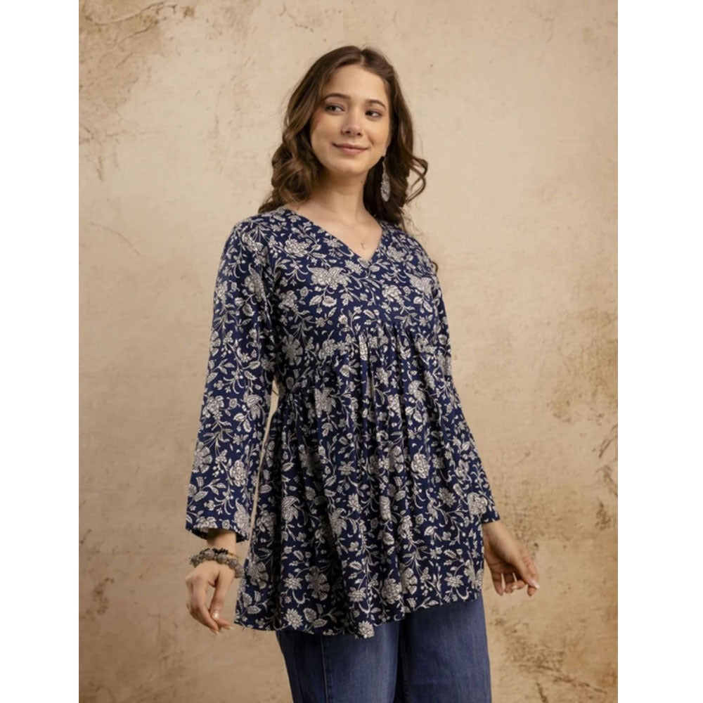 Ethnic Floral Printed Gathered V-Neck Short Kurti Top