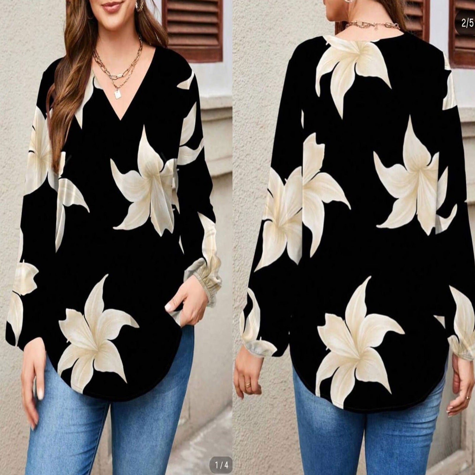 Women’s Casual V-Neck Floral Long Sleeve Tunic Top