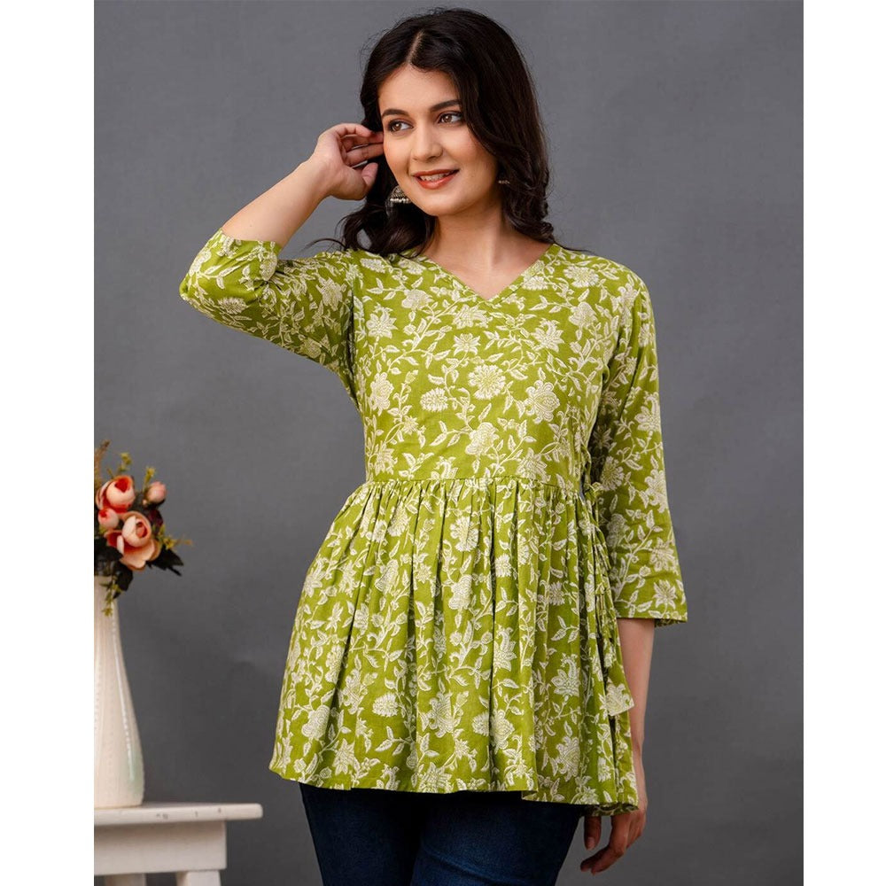 Ethnic Floral Printed Gathered V-Neck Short Kurti Top