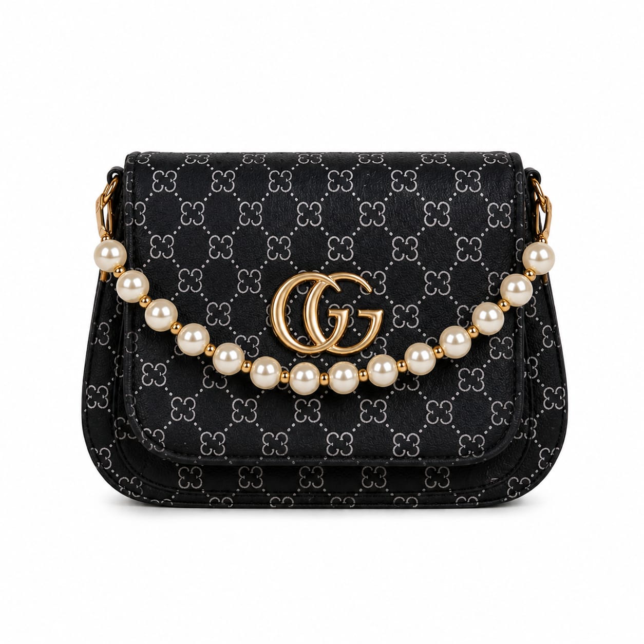 Pearl Charm Patterned Crossbody Sling Bag with Golden Monogram Logo