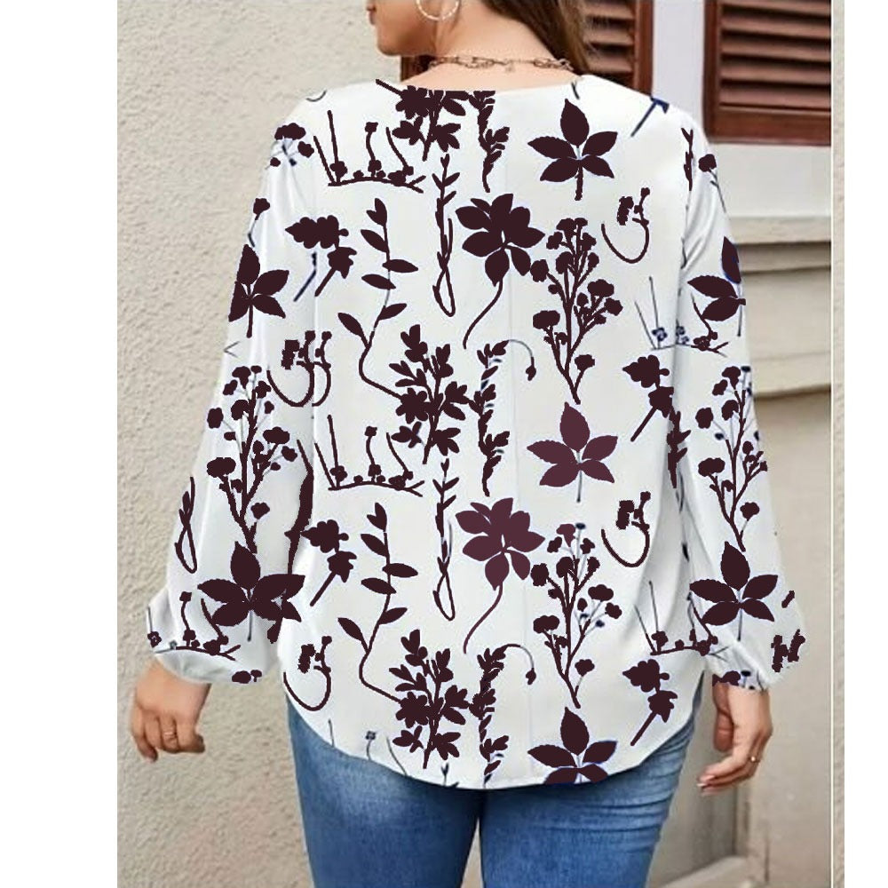 Botanical Leaf Print V-Neck Long Sleeve Tunic Top