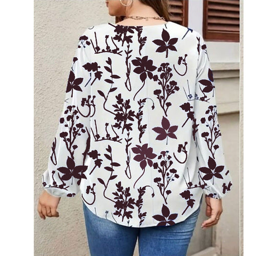Botanical Leaf Print V-Neck Long Sleeve Tunic Top