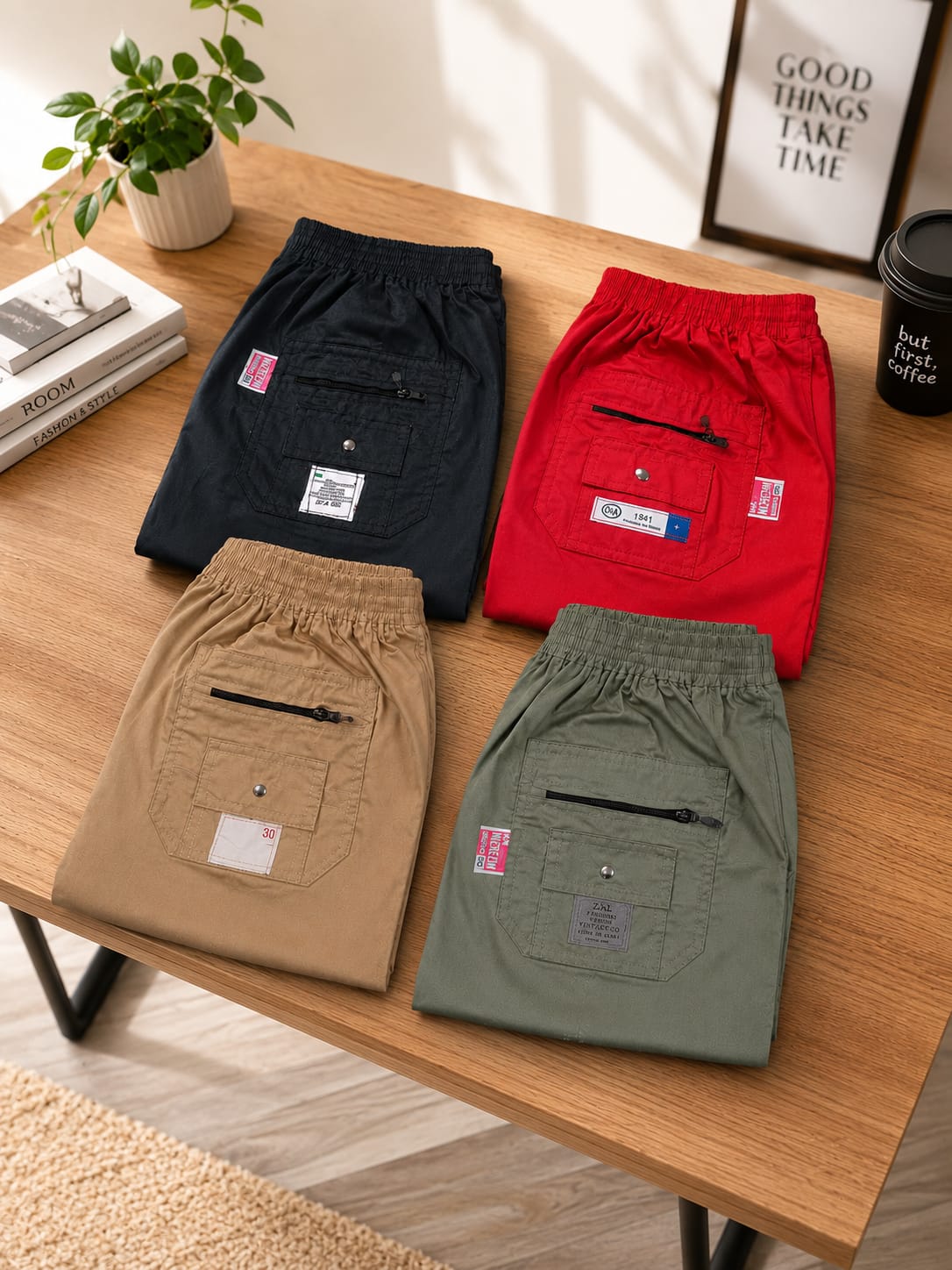 Casual Cotton Cargo Shorts with Zipper & Flap Pockets (Pack of 4)